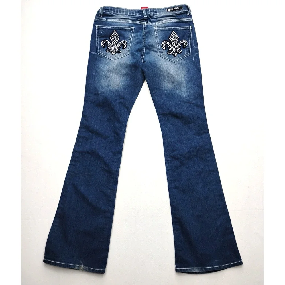 Red Rivet Boot Cut Blue‎ Jeans Size 9 Thick Stitch Embellished Pockets 30x32